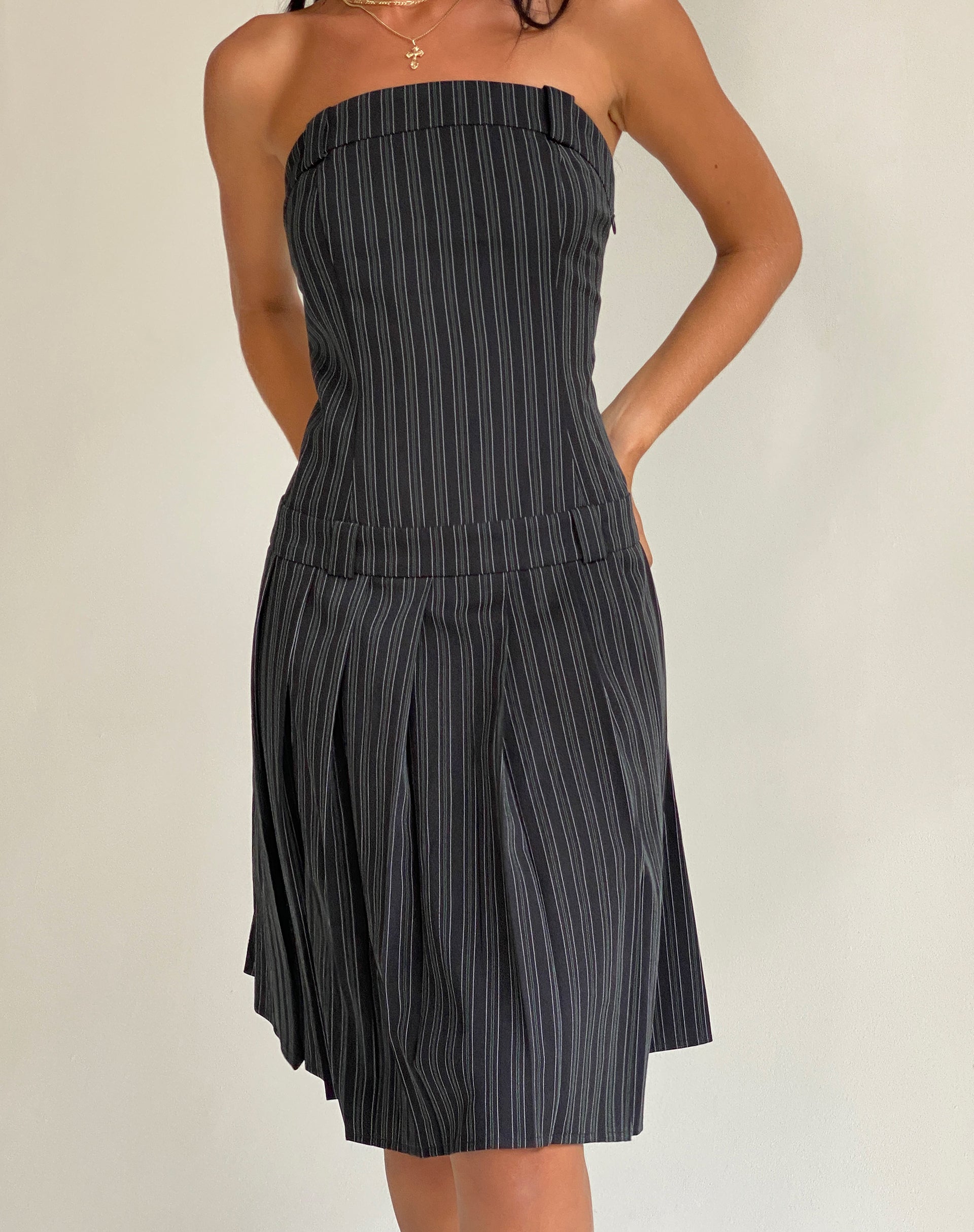 Aldari Bandeau Midi Dress in Tailoring Black Pinstripe