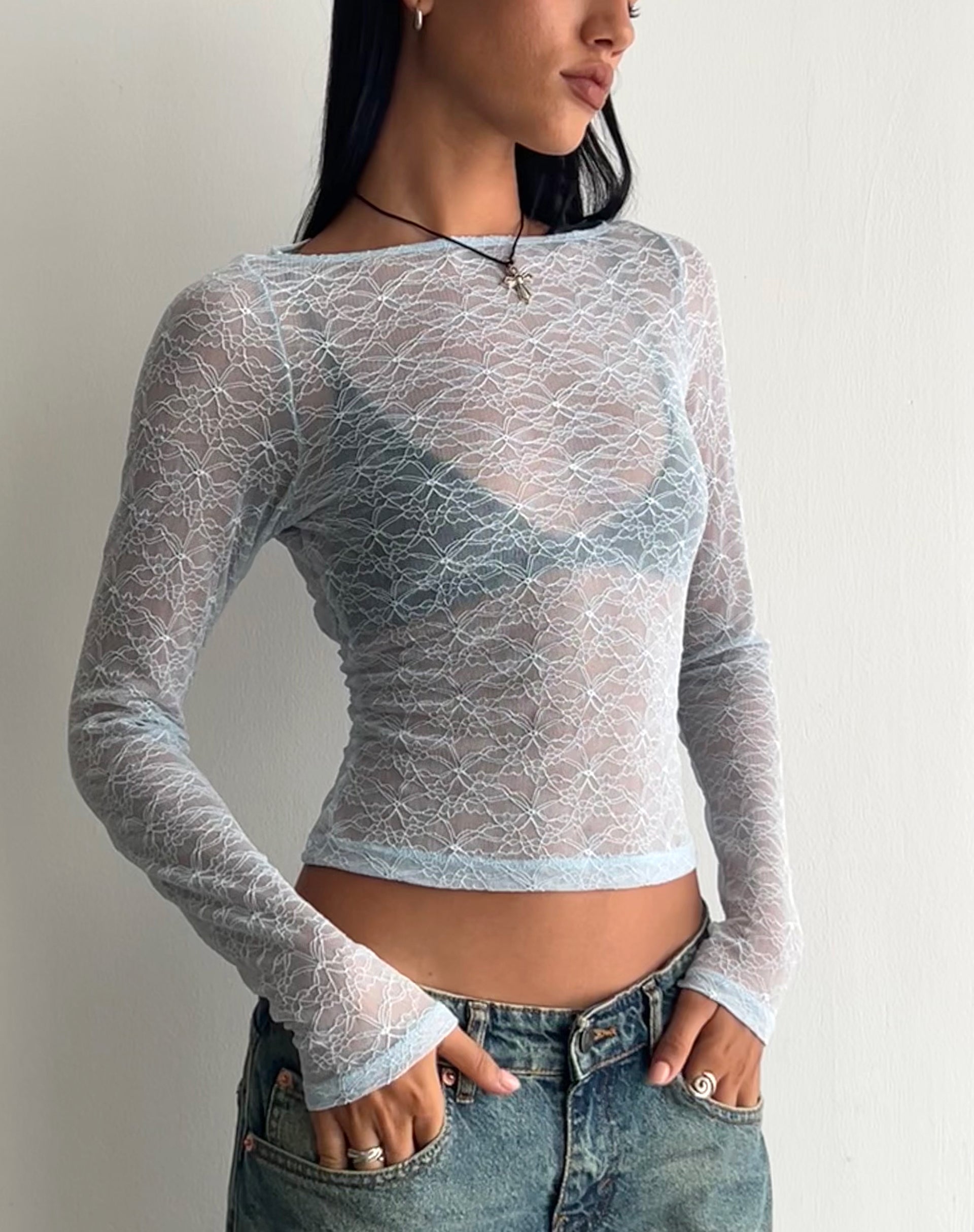 Amabon Long Sleeve Top in Lace Baby Blue