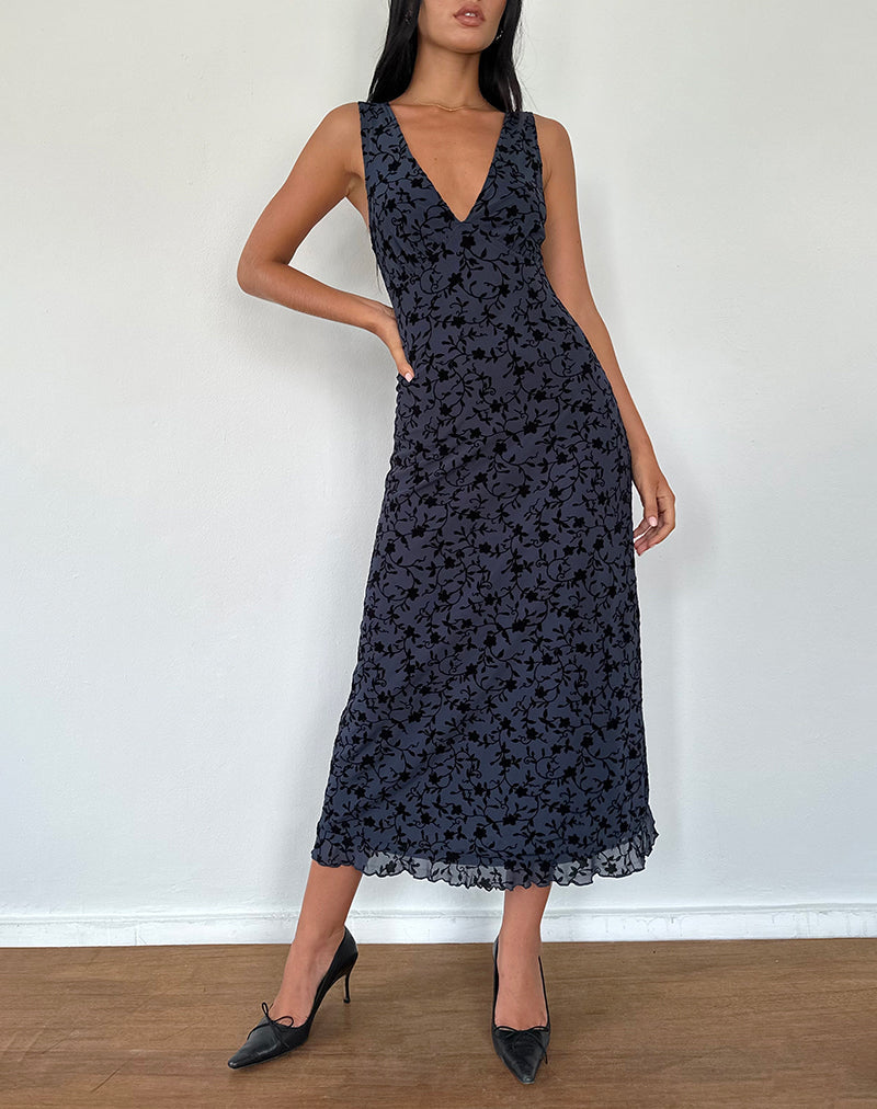 Gabriela Midi Dress in Flocked Petal Navy