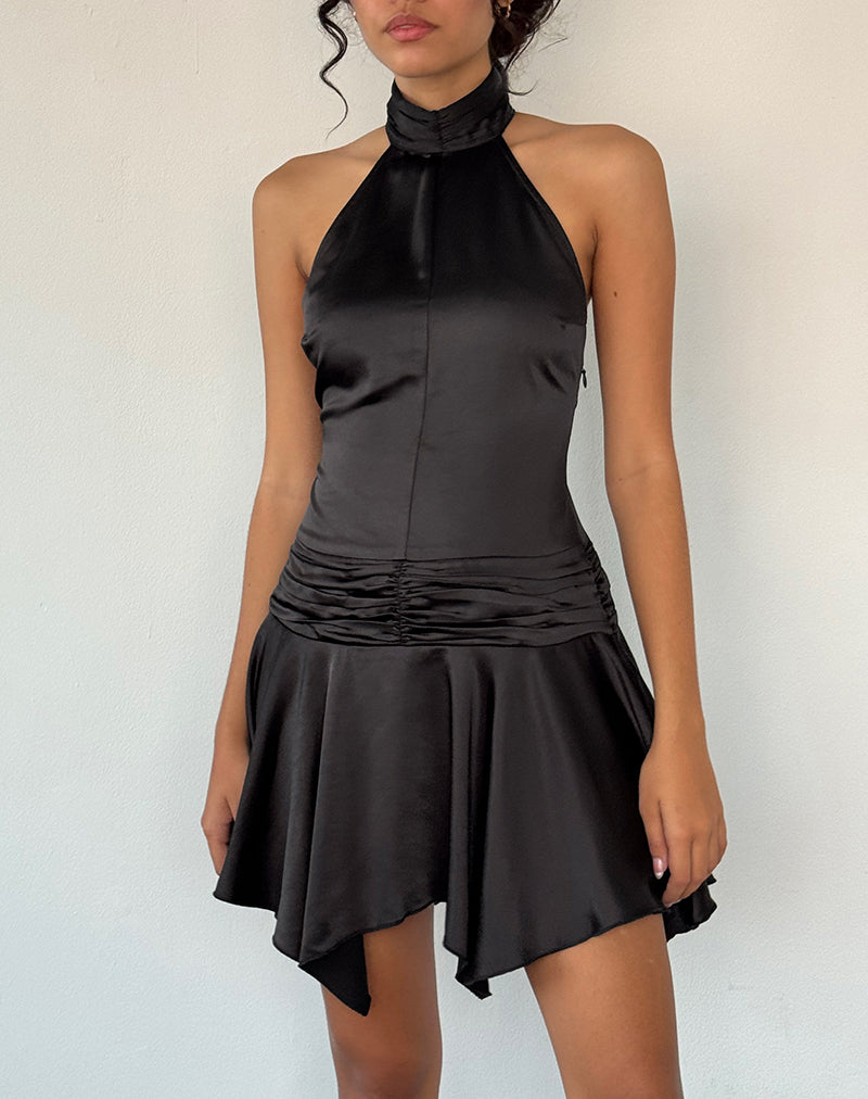 Hydri Satin Halterneck Mini Dress in Black