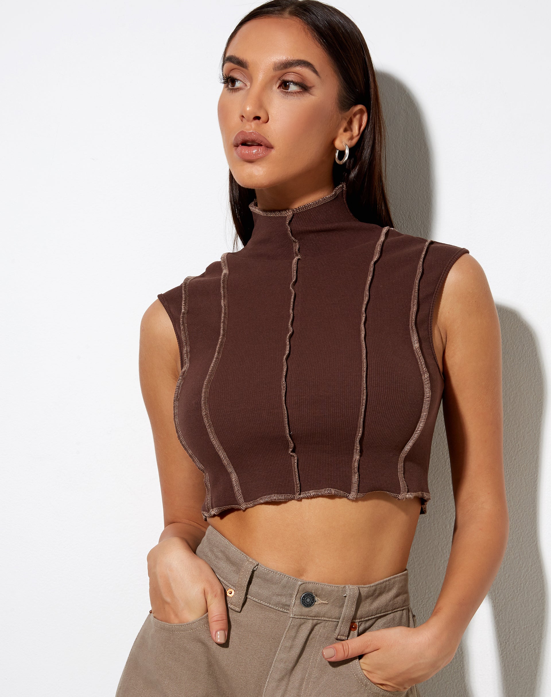 Ivy Vest Top in Deep Mahogany with Lighter Brown Stitch