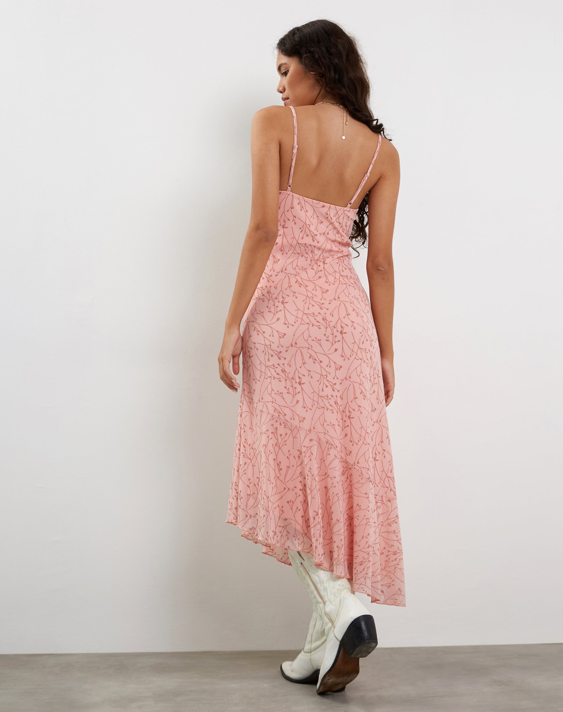 Kavala Asymmetric Midi Dress in Shadow Floral Pink