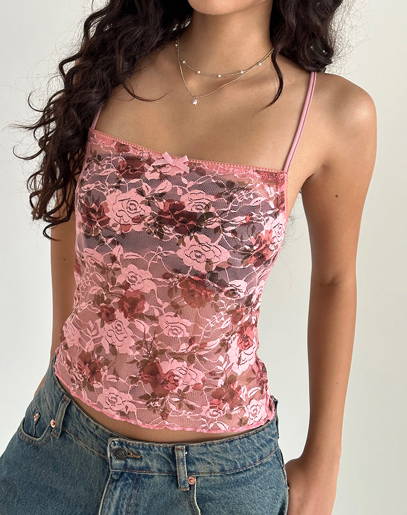 Magita Top in Pink Lace Floral Bloom