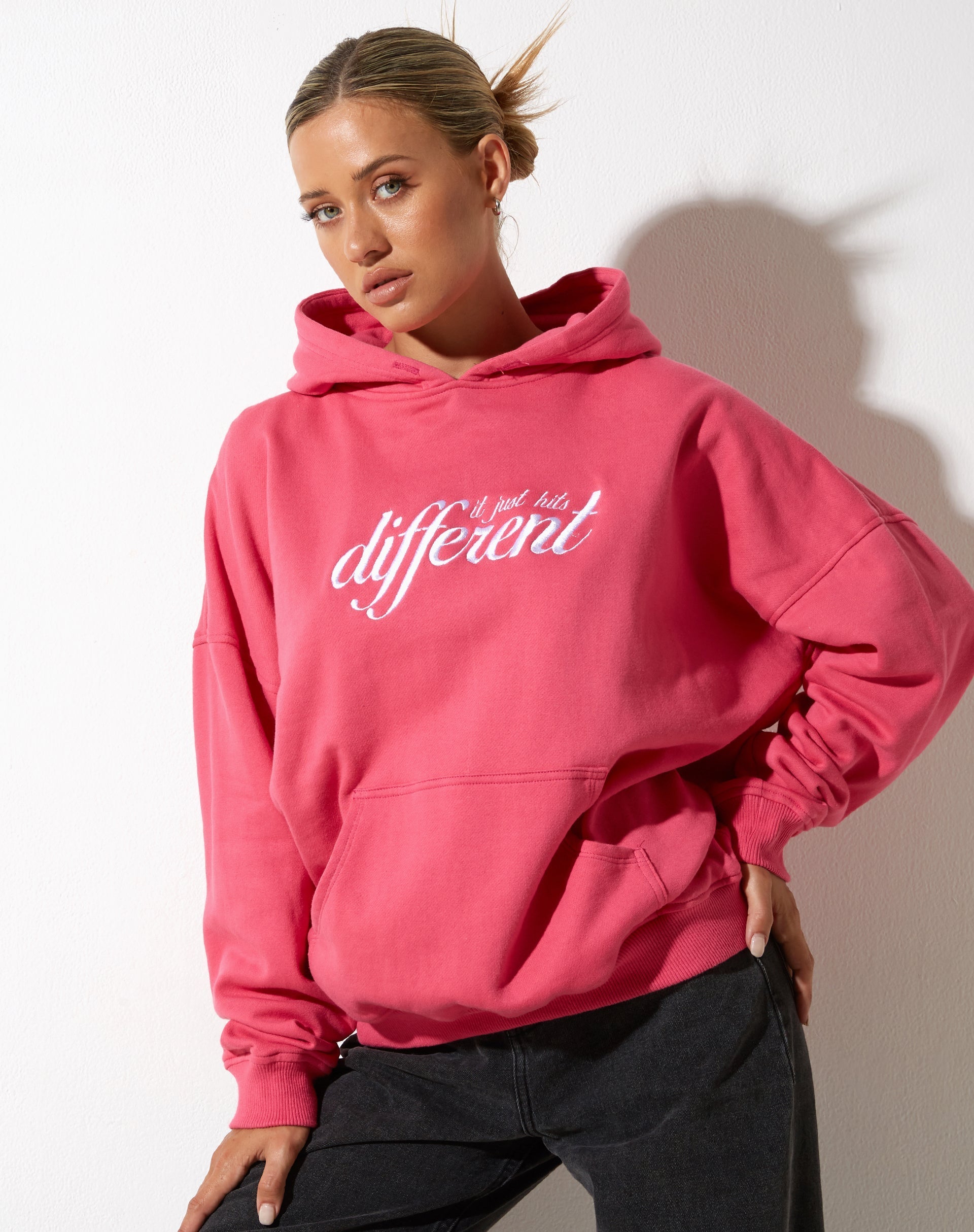 Oversize Hoodie in Fandango Pink with 'Different' Embro