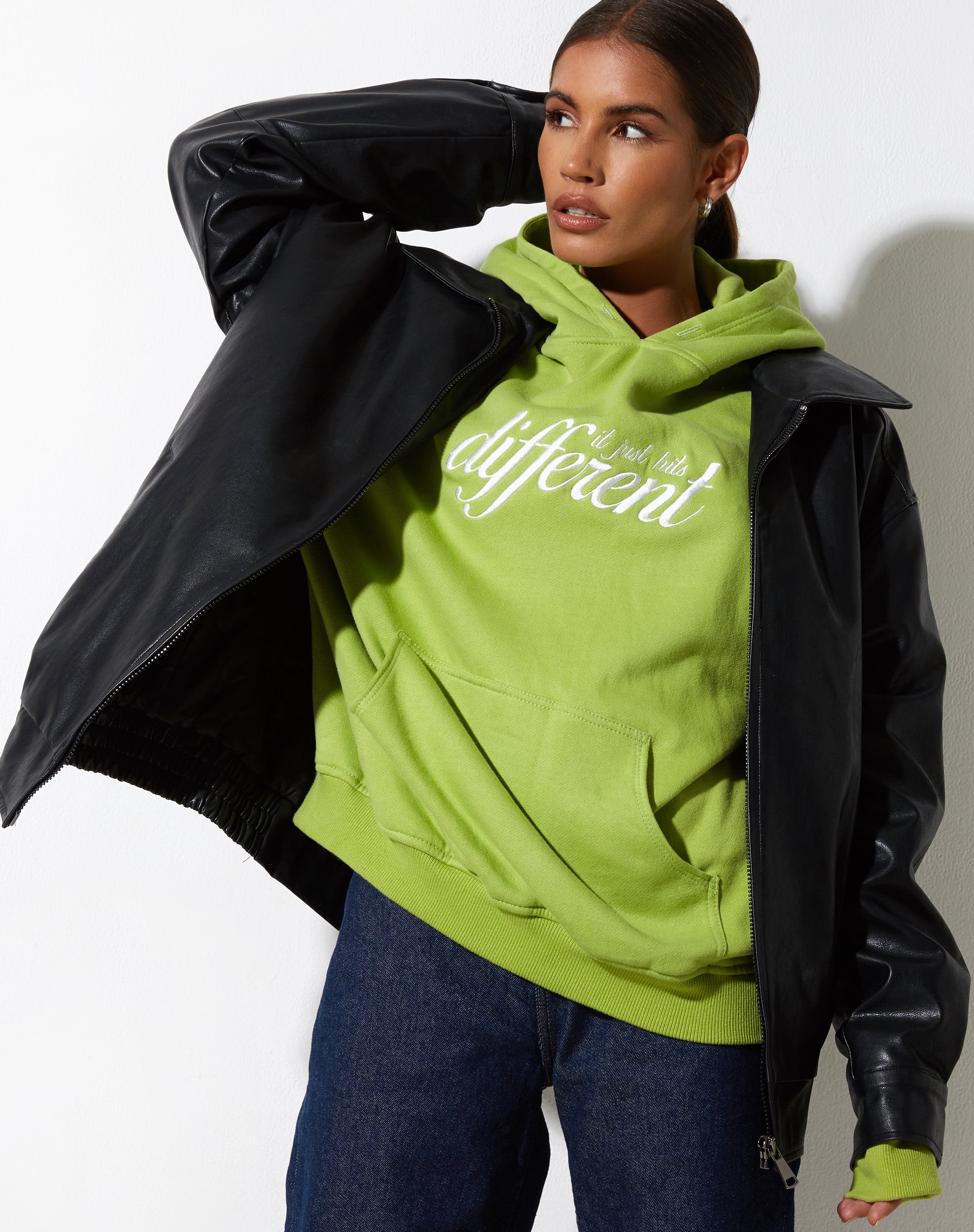 Oversize Hoodie in Leaf Green Different Embro White