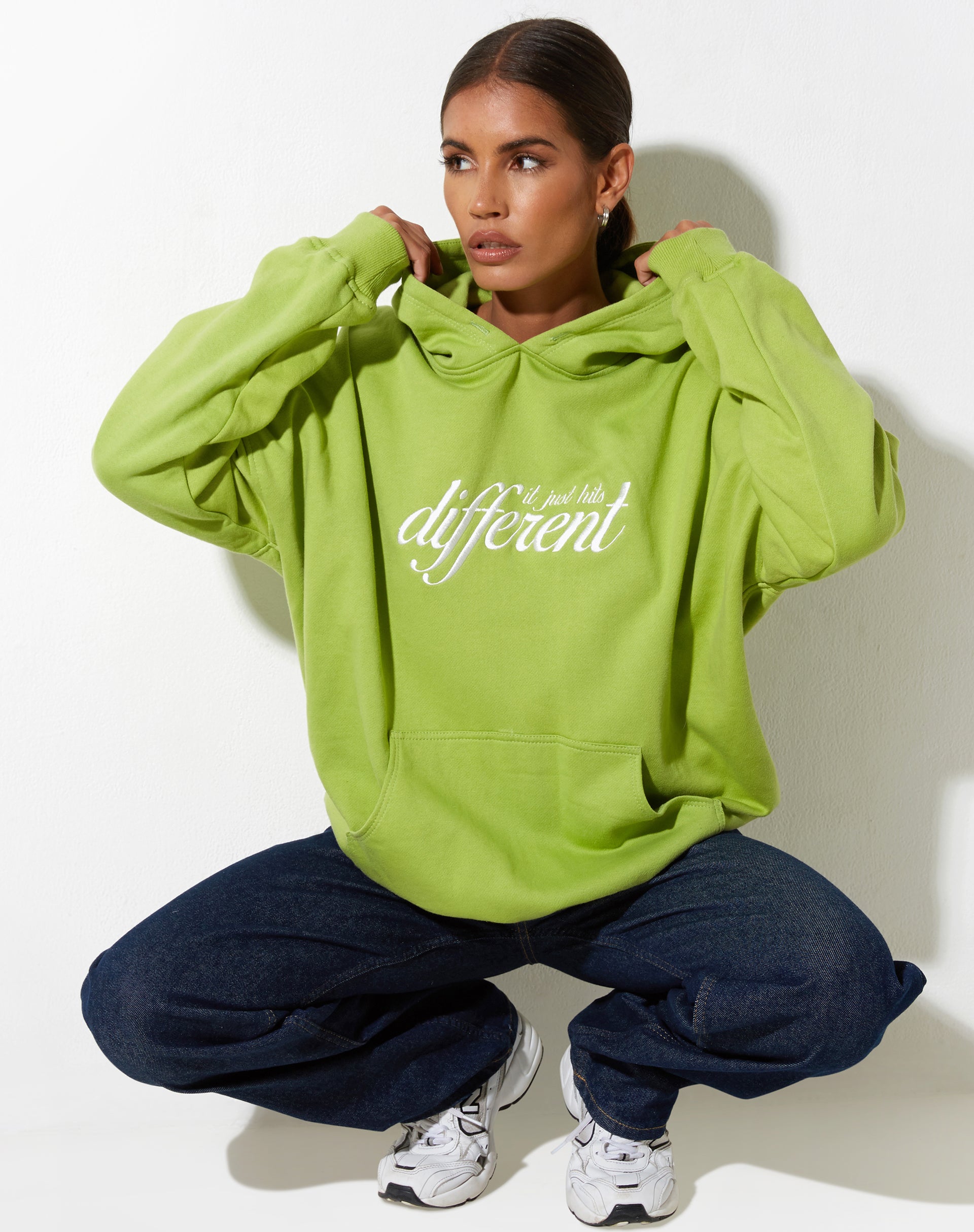 Oversize Hoodie in Leaf Green Different Embro White