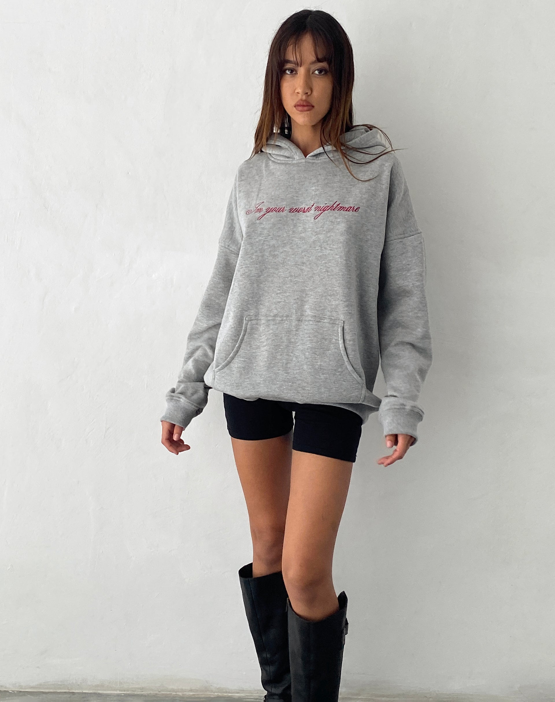 Oversized Hoodie in Grey Marl with Worst Nightmare Embroidery