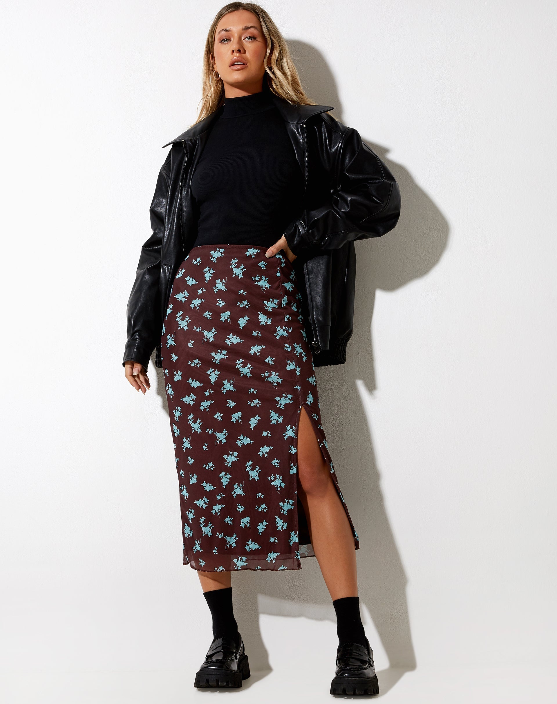 Rindai Midi Skirt in Femme Floral Blue and Brown