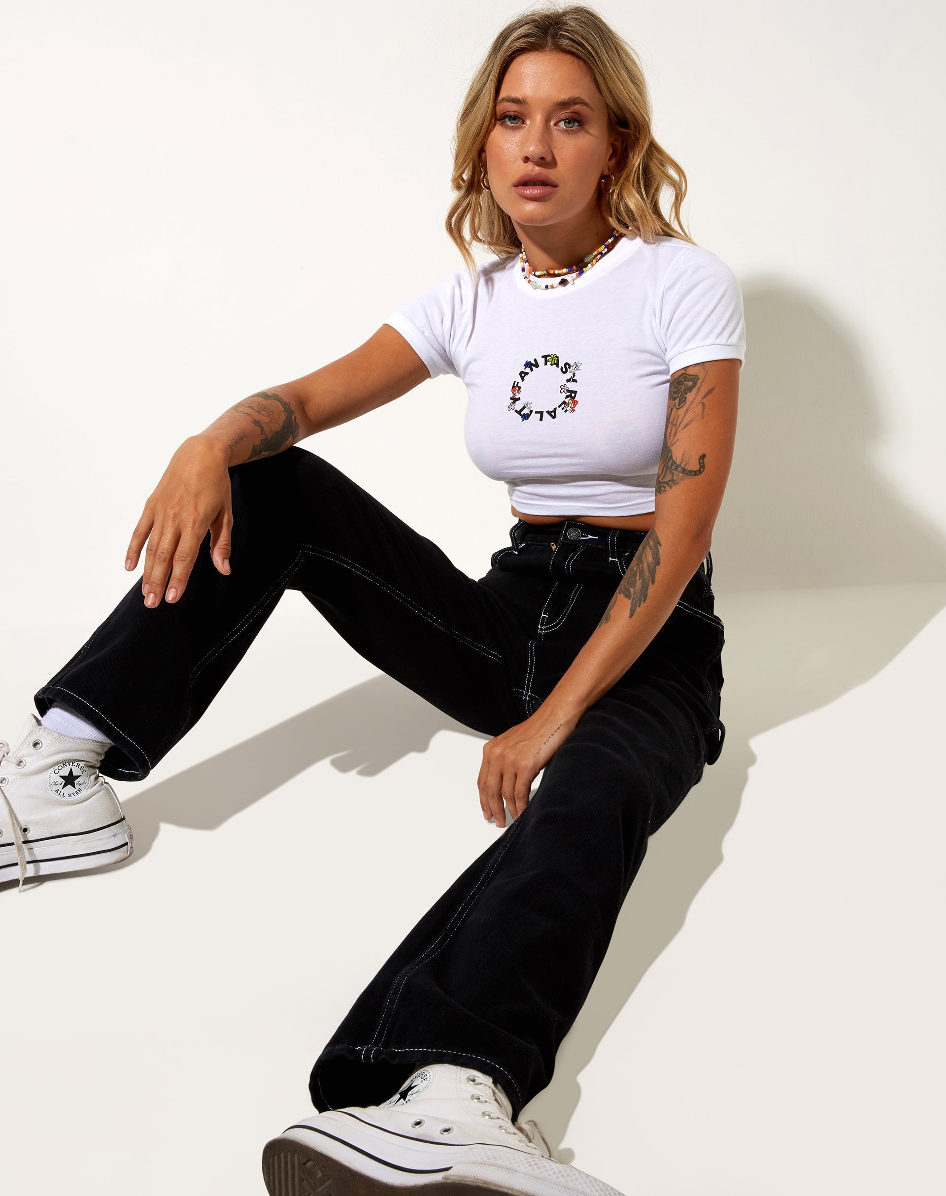 Ringer Tee in White Fantasy Reality Mix Print and Embroidery